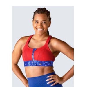 SHEFIT Red and Blue Sports Bra with Floral Black Design